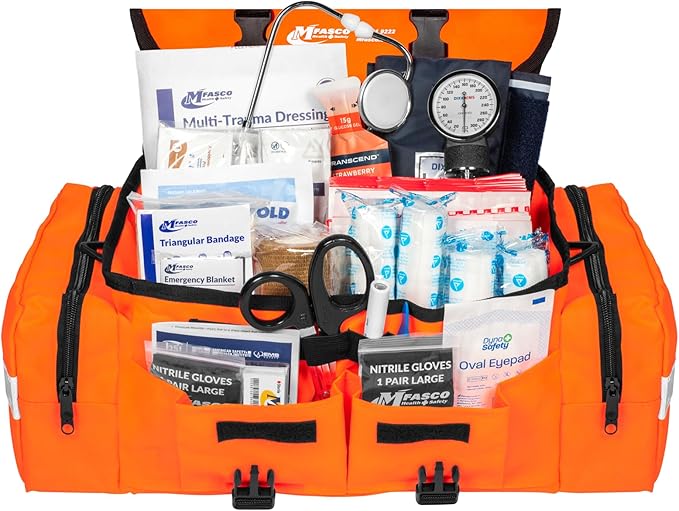 MFASCO First Aid Kit - Fully Stocked Portable Reflective Bag - First Responder Emergency Response Kit - for Natural Disaster Preparedness - Customizable Storage - Includes 415 Pcs First Aid Supplies