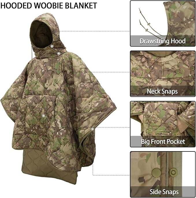 Poncho Liner Hoodie with Pocket Insulated Military Sleeping Bag Water Resistant for Outdoor Camping Travel Survival Hunting Car Emergency