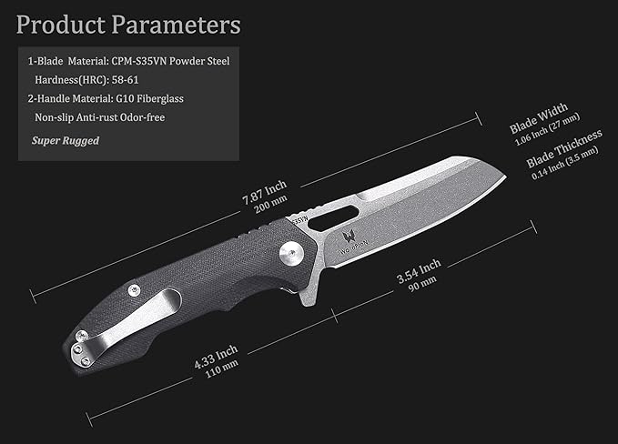 Camping Folding Knife - S35VN Powder Steel G10 Handle Comfortable Grip - Great for Cutting Hunting Hiking Survival, Father’s Day Gifts for Men Husband Dad. Include Sheath & Screwdriver