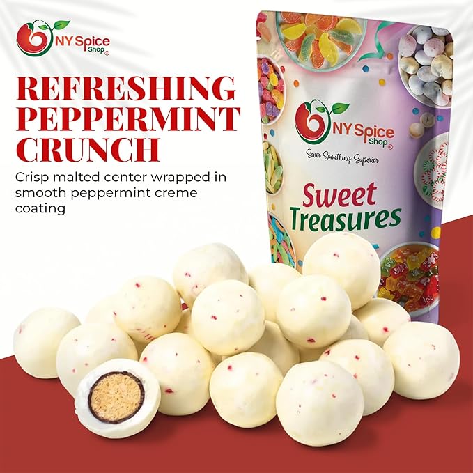 NY Spice Shop Peppermint Twist Chocolate Malt Balls Party Decorations - 8 Ounce Malted Milk Ball Candy Birthday Gifts - Chocolate Malted Milk Balls - Dark Chocolate Malt Ball Holiday Snacks