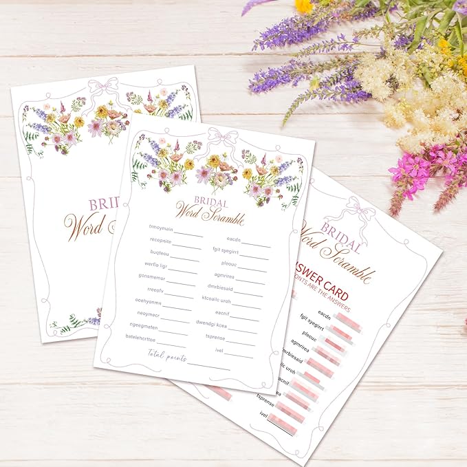 Word Scramble Bridal Shower Games, Wildflowers Pink Bow Games Card for Wedding Reception, Bridal Shower, Engagement, Bachelorette Party Activity Decorations (25 Pack) -A01