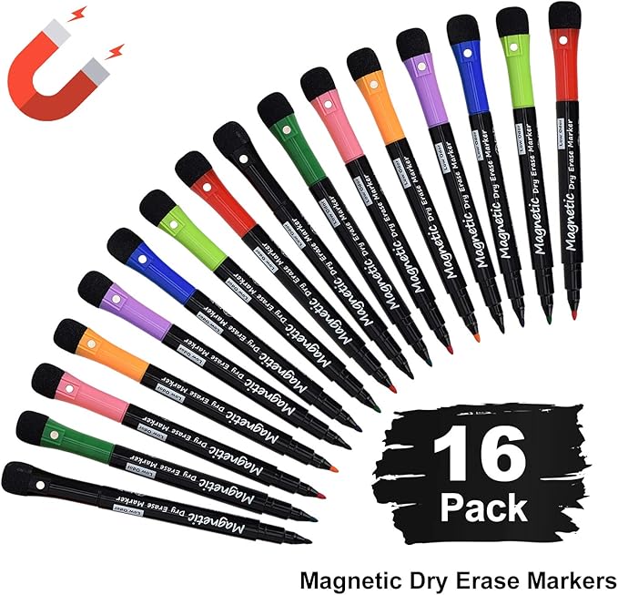 Browill Magnetic Dry Erase Markers, Fine Tip Low Odor Whiteboard Markers for Kids & School, Work On White board & Calendar, Refrigerator (16 Pack)