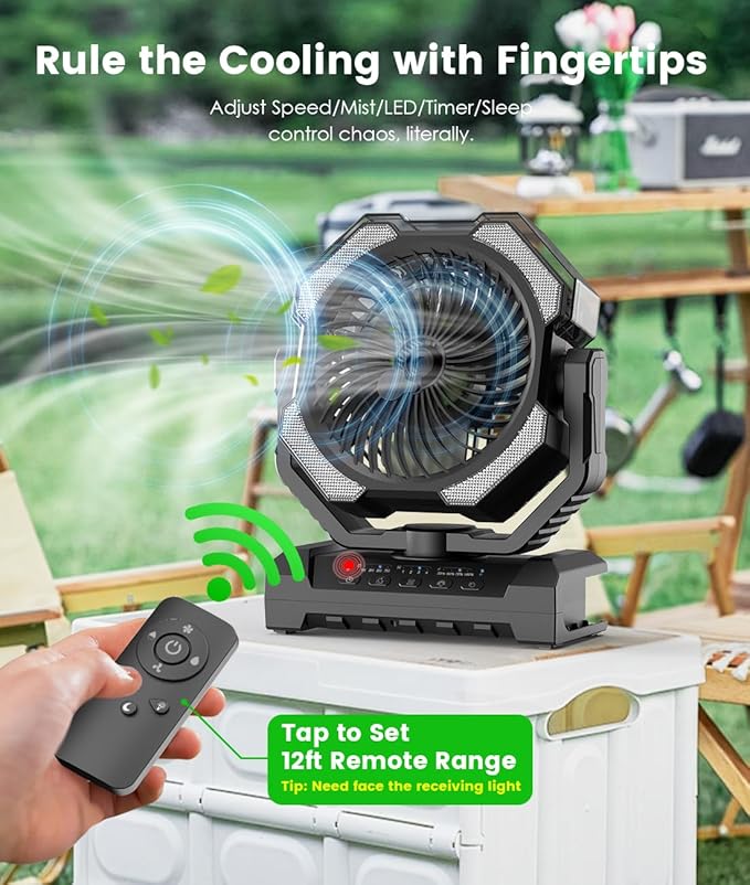 Camping Misting Fan - Portable Battery Powered Fans with 9oz Water Tank, Light, Hook - Rechargeable, 120H Cooling, Last 5H Mist, 4 Speed, Sleep Mode - Outdoor Fan, Travel Essentials