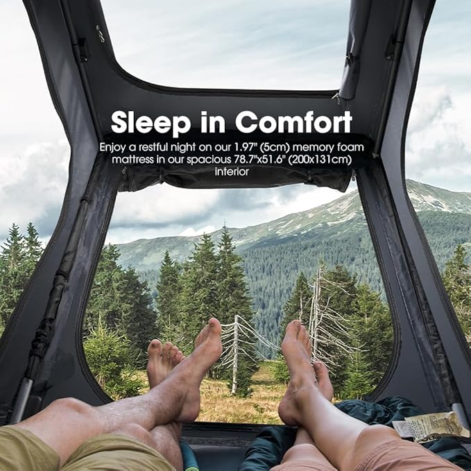 Sanhima Rooftop Tent Hard Shell - Hotham Overland Aluminium Roof Top Tent w/Larger Space, LED Strip Light & Skyview Window, 2” Thick Mattress, for Car SUV Truck Camping, 2-3 People Tent