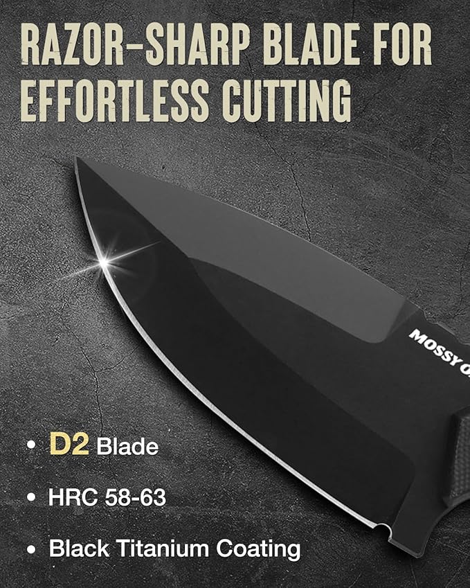 Mossy Oak 8 Inch Fixed Blade Knife with Kydex Sheath, D2 Steel Full Tang Outdoor Camping Knife, G10 Handle for Bushcraft, Survival, Camping, Hiking