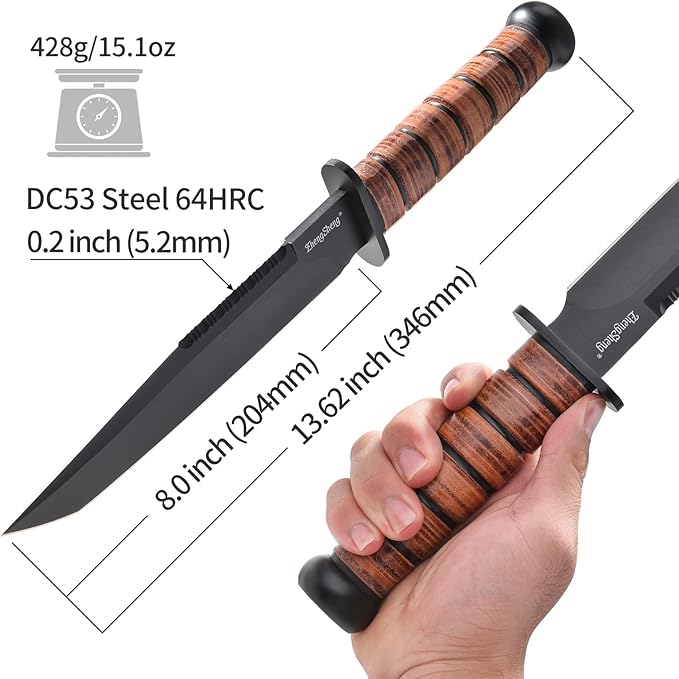 Fixed Blade Knife, 8.0??Black Titanium PVD Coating DC53 Steel Blade Hunting Knives with Leather Sheath, Ergonomic Handle Bushcraft Bowie Knife for Camping, Hiking