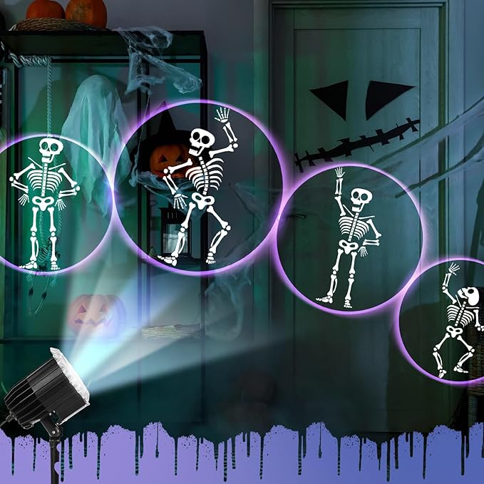 Halloween Projector Light with 1 Film Slides Holiday LED Projector Lights Outdoor Reflectors Waterproof Landscape Decorative Rotation Lighting Movement Projection Lamp(Dance Skeleton)