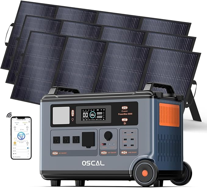 OSCAL PowerMax 6000 Solar Generator, 3600Wh/6000W Power Station with 3x400W Solar Panels, 120V/240V Split Phase Voltage AC Outlets (9000W Peak), 2400W Solar Charging,Emergency for Home,Battery Backup