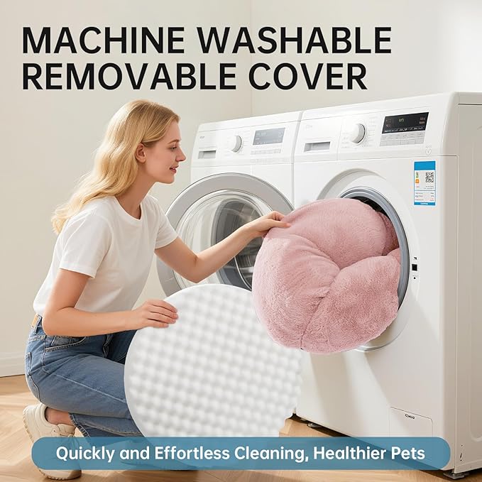OhGeni 31 inches Calming Donut Orthopedic Dog & Cat Bed for Medium Pets, Warming Comfort Fluffy Short Pile Fur, Durable Waterproof Machine Washable Removable Cover, Cute Round Bed for Puppy, Pink