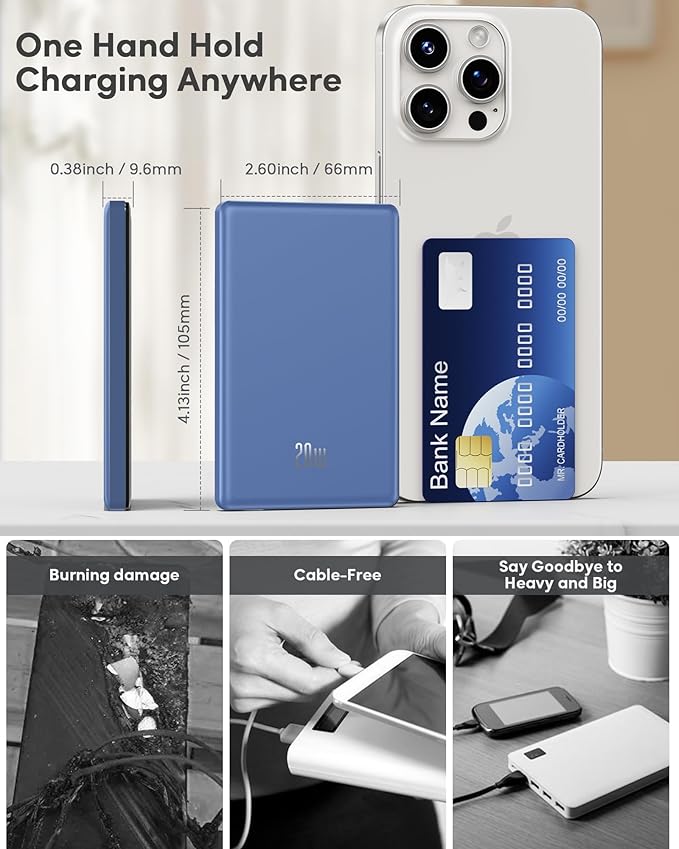 for Magsafe Battery Pack, Ultra Slim Wireless Portable Charger 5000mAh, 20W PD Magnetic Power Bank Fast Charging USB C in&Out Powerbank for iPhone 16/15/14/13/12 Mini Plus Pro Max,Blue