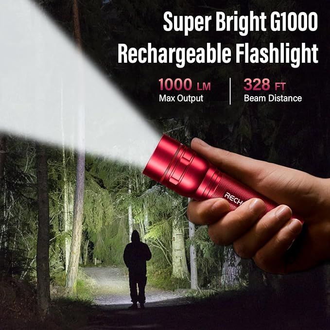 RECHOO Rechargeable Flashlights High Lumens, G1000 Super Bright Flash Light, Small Zoomable LED Flashlight with 3 Lighting Modes, Portable Tactical Flashlight, Gift for Women(Battery Included)-Red