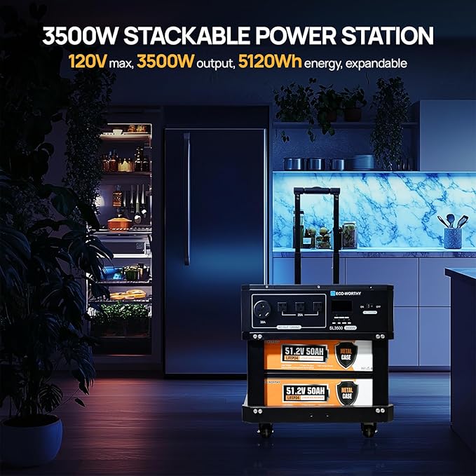 ECO-WORTHY 5120Wh SL3500 Stackable Power Station with 4×200W Portable Solar Panels, 120V 3500W AC Output Camping Kit Emergency Backup Home Blackout RV