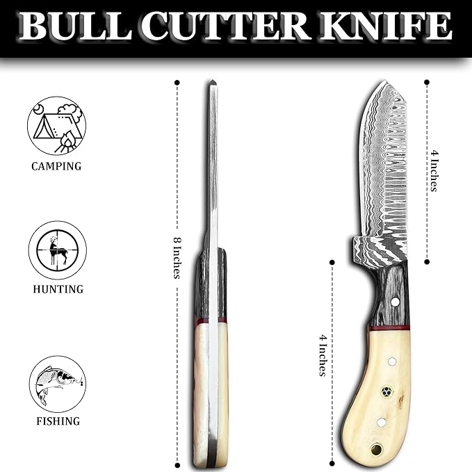Cowboy Knives with Leather Sheath - 8??Sharp Handmade Damascus Bull Cutter Knife - EDC Fixed Blade Hunting Knife for Skinning, Camping, Bushcrafting and Outdoor Activities, white