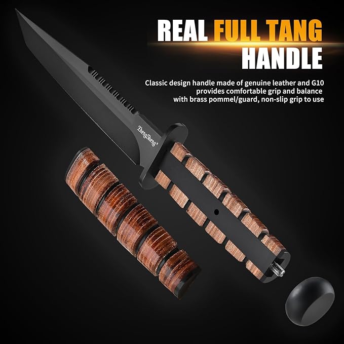 Fixed Blade Knife, 8.0??Black Titanium PVD Coating DC53 Steel Blade Hunting Knives with Leather Sheath, Ergonomic Handle Bushcraft Bowie Knife for Camping, Hiking