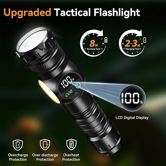 Flashlight Rechargeable 2000 High Lumens Ultra-Bright Covers 3200 ft² Focus Up to 3900 feet,IPX7 Waterproof Tactical LED Flashlight with COB SideLight & Magnetic Base for Camping Home Emergency