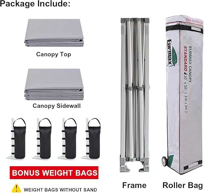 Eurmax USA 10'x10' Pop-up Canopy Tent Commercial Instant Canopies with 4 Removable Zipper End Side Walls and Roller Bag, Bonus 4 SandBags(Gray)