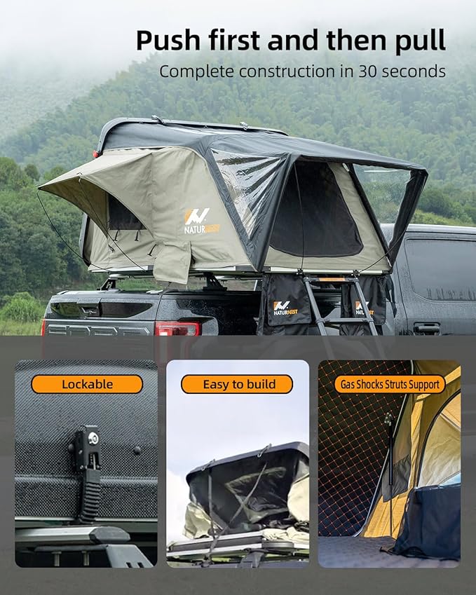BAMACAR Naturnest Rooftop Tent Hard Shell 2-4 Person Nature Nest Roof Top Tent Hardshell Hard Top Claim Shell Overland Car Roof Rack Top Tents For Jeep SUV Van Pickup Truck Vehicle Trailer Car Camping