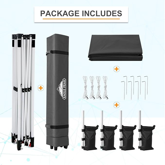 EAGLE PEAK Pop Up Canopy Tent with Wheeled Carry Bag, 8 Stakes, 4 Ropes, 4 Weight Bags, Easy Set Up Tent Canopy, 12x12 ft, 144sqft of Shade, Black