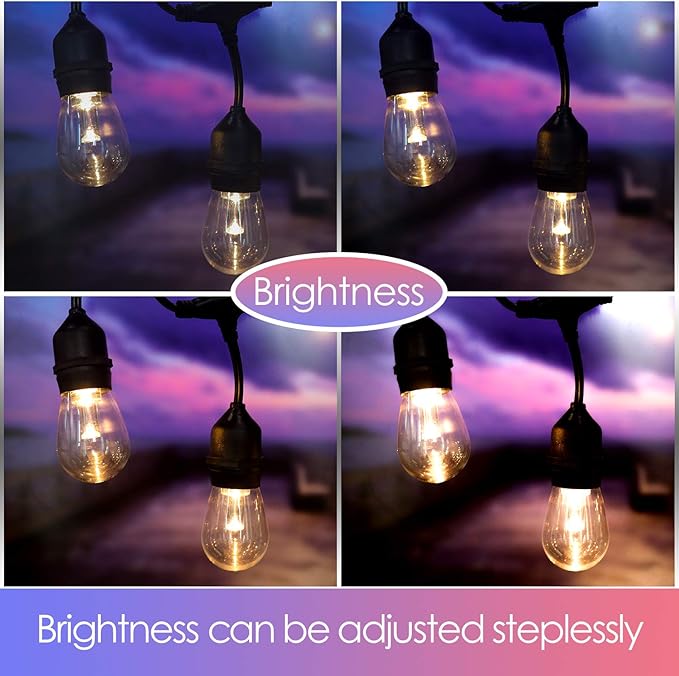 GANA Outdoor String Lights, Patio Lights 48FT Music Flash RGBW Colourful, Safe 12V Low Voltage LED Shatterproof Bulbs Connectable, Heavy Duty Wire IP65 Waterproof Level for Courtyards Cafe Bistro