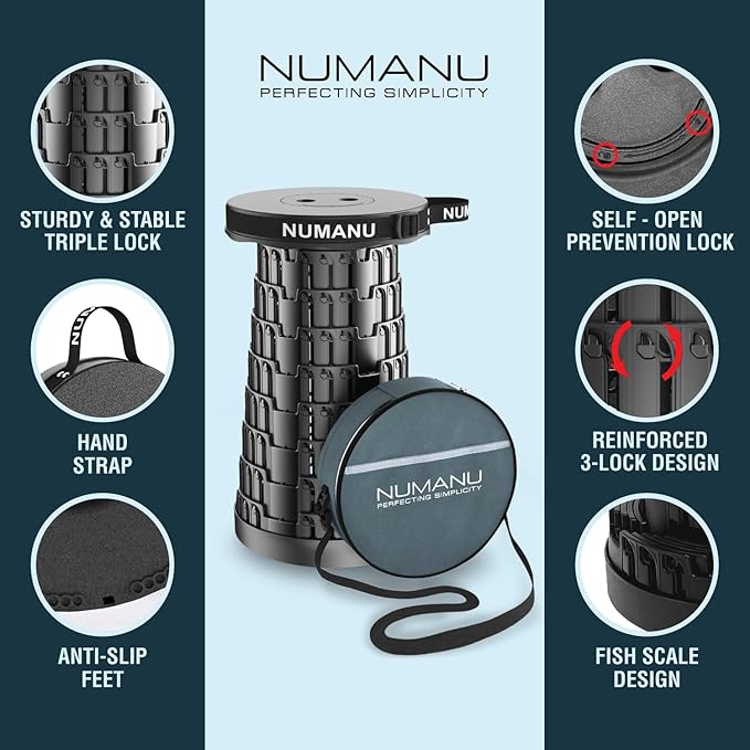 NUMANU 2025 Upgraded Collapsible Stool & 3IN1 Cushioned Carry Bag, Telescopic Folding Stool, Max 620lbs Adjustable Height Camping Chair, Retractable Seat or Travel Footrest for Outdoors, 18" H Stool