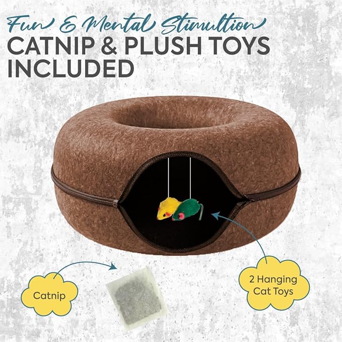 Laluz 2021 Large Cat Tunnel Bed for Indoor Cats Up to 30 Lbs Peekaboo Donut Cave with Catnip and Plush Toys Scratch Resistant Felt Design Detachable and Washable Cat Tunnel (Chocolate, L)