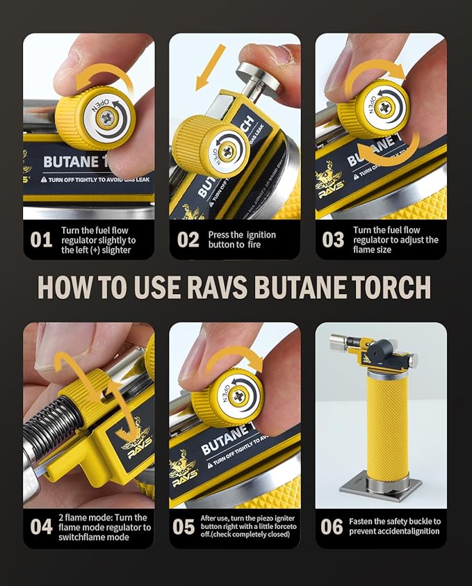 RAVS 2 Flame Mode Butane Torch Lighter, Refillable Kitchen Torch with Adjustable Flame and Safety Buckle, Yellow Jewelry Torch for Welding, Resin Art, Industrial, Butane Fuel not Include