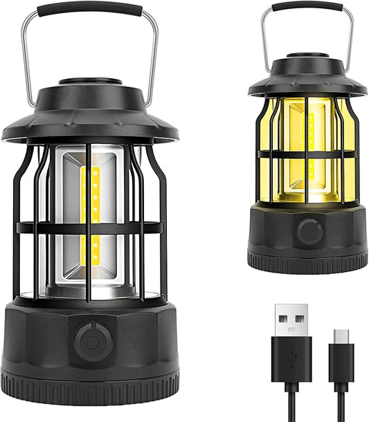 Camping Lantern Rechargeable USB Powered, Stepless Dimmer, Metal Retro Camping Light Waterproof Hanging LED Vintage Tent Lamp for Outdoor Hiking Fishing Emergency (Black)