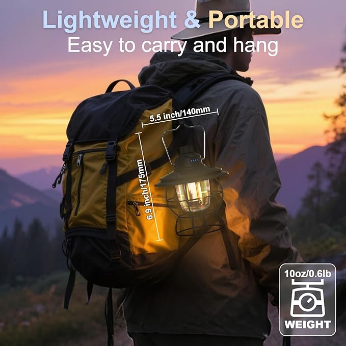 LED Camping Lantern Rechargeable Dimmable, Portable Vintage Outdoor Lantern 2700-6500K Waterproof, Hanging Retro Lamp Indoor Outdoor for Garden, Hiking, Emergency, Black