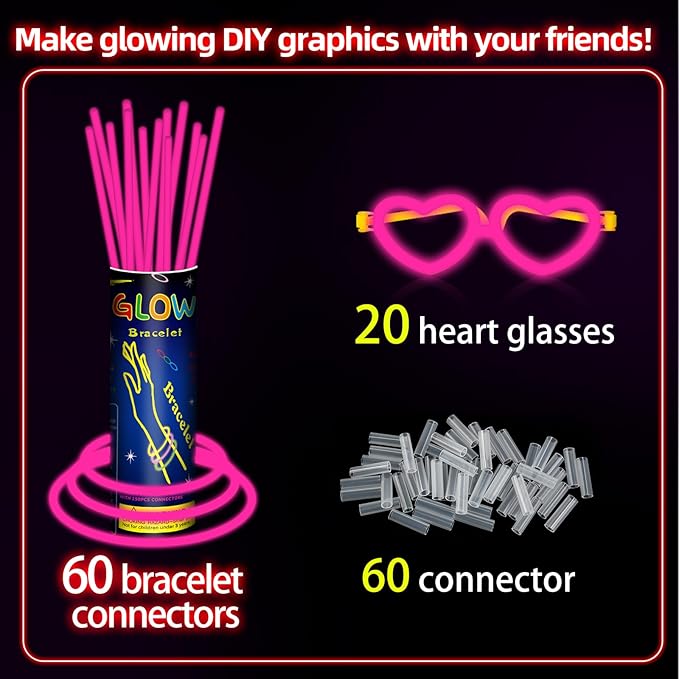 60 Pack 8??Pink Glow Sticks Bulk Bright Glow Sticks with 60 Connectors 20 Heart Glasses Glow In The Dark Party Supplies Neon Party Decorations Glow Bracelet Glasses for Holiday Carnival (Pink)