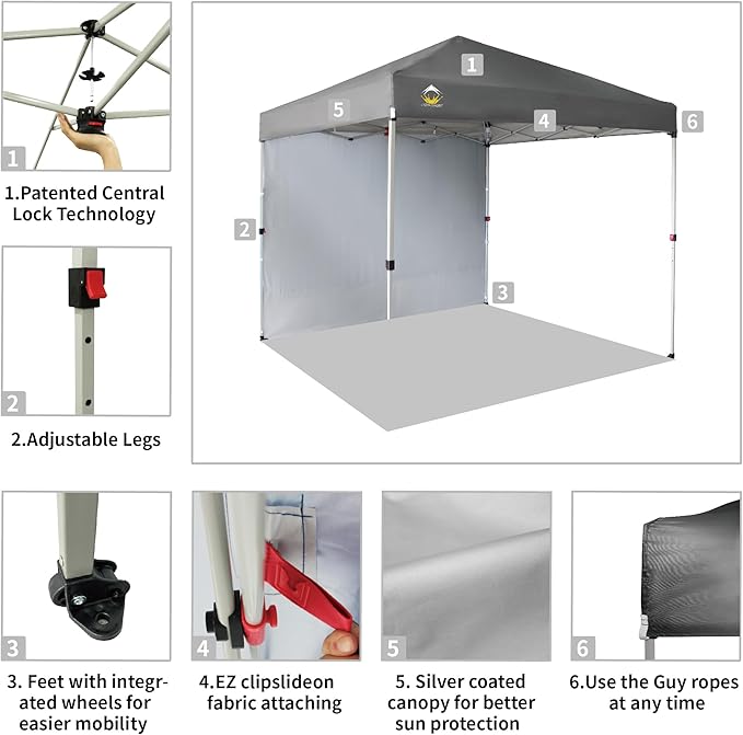CROWN SHADES 8x8 Pop Up Canopy with 1 Side Wall - Beach Tent with One Push Setup - Outdoor Sun Shade for Events, Parties, Camping - Gazebo with STO-N-Go Cover Bag (Grey)