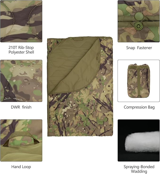 Poncho Liner Military Outdoor Camping Blanket for Travel, Beach, Grass, Picnic, Car Emergency, Outdoor, Survival