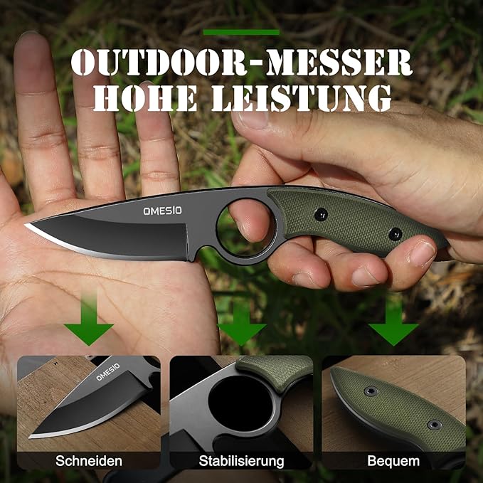 Omesio Fixed Blade Knife with Sheath, 6.92" Tactical Small Horizontal Carry Fixed Blade EDC Knife for Men Women with Kydex Sheath, Black Full Tang Blade G10 Ergonomic Handle, Ideal for Gifting