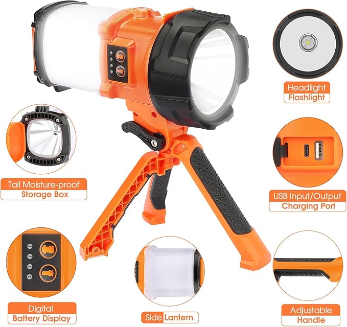 Tripod Rechargeable Camping Lantern, 6 Modes LED Flashlight Handheld Spotlight with 4000LM, 4400mAh Power Bank, IPX4 Waterproof Searchlight Work Light for Emergency Hiking Survival Kit - Orange