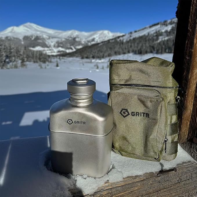 GRITR Titanium Canteen Mess Kit | Compact Portable Camping Open Fire Cookware Set for Backpacking, Hiking, Fishing | Ultralight Durable Outdoor Camp Cooking Utensils - Storage Bag Included