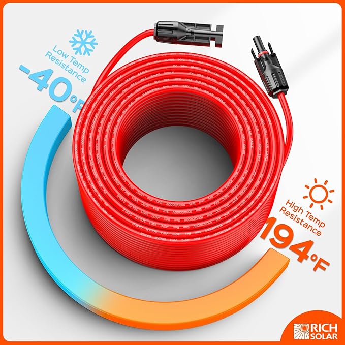RICH SOLAR 10 Gauge 10AWG One Pair 15 Feet Red + 15 Feet Black Solar Panel Extension Cable Wire with Female and Male Connectors (15FT 10AWG)