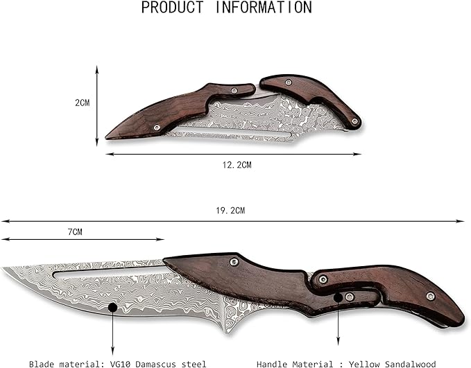 HUAAO Damascus Folding Knife, Yellow Sandalwood Handle with Mechanical Lock, Tactical Pocket Knife for Outdoor Camping Survival Hunting Self Defense Multitool