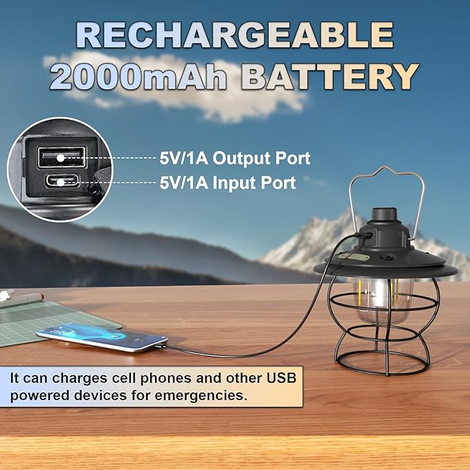 LED Camping Lantern Rechargeable Dimmable, Portable Vintage Outdoor Lantern 2700-6500K Waterproof, Hanging Retro Lamp Indoor Outdoor for Garden, Hiking, Emergency, Black
