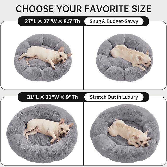 OhGeni 31 inches Calming Donut Orthopedic Dog & Cat Bed for Medium Pets, Warming Comfort Fluffy Short Pile Fur, Durable Waterproof Machine Washable Removable Cover, Round Bed for Puppy, Light Gray