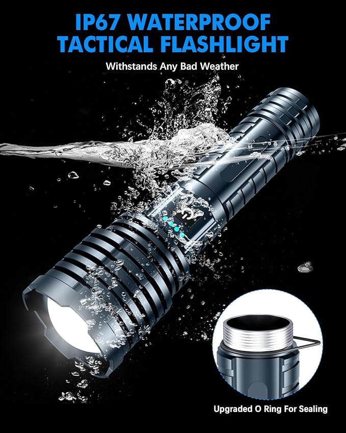 Super Bright Rechargeable LED Flashlights 5000.000High Lumens,Powerful Tactical Flashlight Up to 25H Long Battery Life|Zoomable|5Light Modes|IP67 Waterproof,Flashlights High Lumens for Camping (Grey)