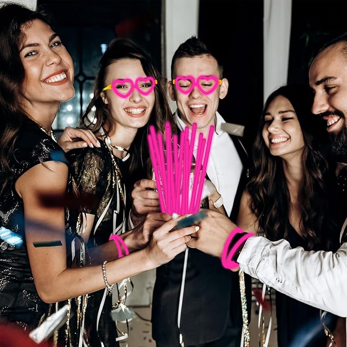 60 Pack 8??Pink Glow Sticks Bulk Bright Glow Sticks with 60 Connectors 20 Heart Glasses Glow In The Dark Party Supplies Neon Party Decorations Glow Bracelet Glasses for Holiday Carnival (Pink)