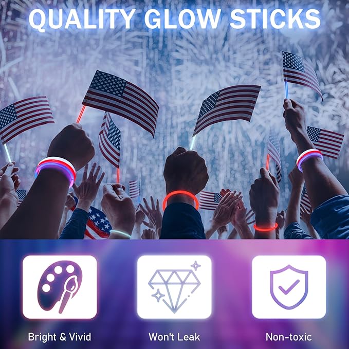 Hanaive 300 Pcs Glow Sticks Bulk 8 Inch Glow in The Dark Party Favors Neon Bracelets and Necklaces Light up Sticks with Connectors for Holiday Birthday Party Supplies(Red, Blue and White)