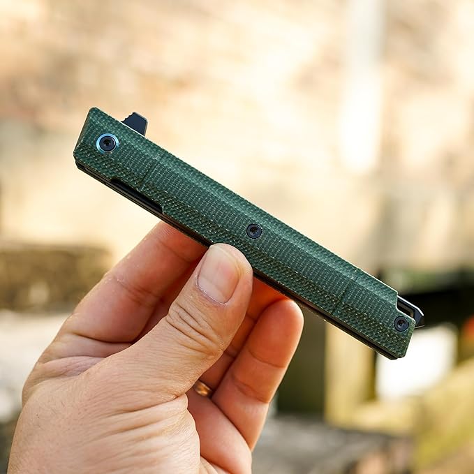 Flipper Pocket Folding Knife,DC53 Steel Blade and G10 Handle. With pocket clip and glass breaker,men's pocket knife hiking trip EDC tool Knife (Green Micarta Handle)