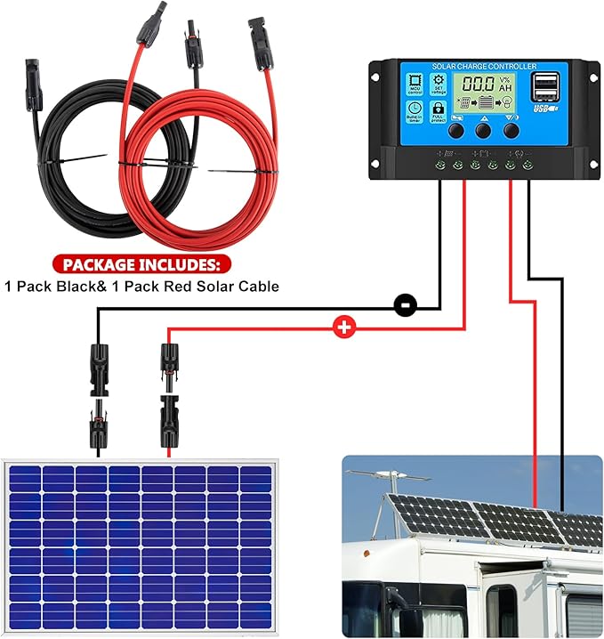 2x100 Feet Solar Panel Extension Cable, 12AWG Solar Panel Cable Solar Wire with Female and Male Waterproof Connectors for RV, Photovoltaic Systems (100FT Red + 100FT Black)