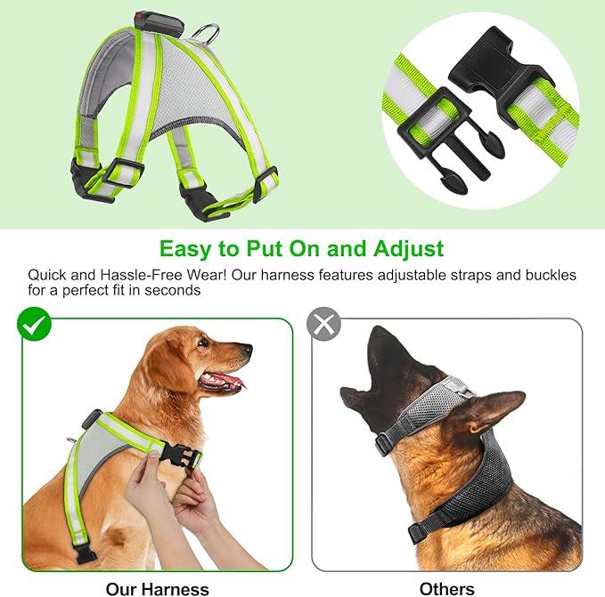 Visinite LED Dog Harness, USB Rechargeable Light Up Dog Vest, 2 Illuminate Modes Glow in The Dark Dog Harness, Adjustable Lighted Pet Harness Light for Night Walking Safety (Green, S)