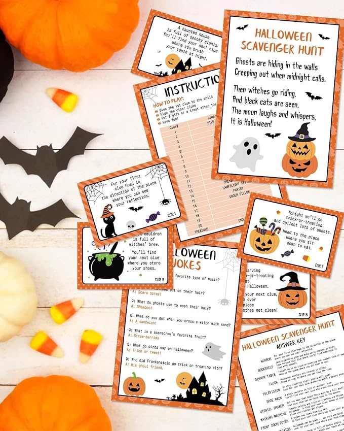Sinasasspel Halloween Scavenger Hunt Clues Cards, Halloween Scavenger Treasure Hunt Games for Adults, Outdoor Indoor Halloween Pumpkin Ghost Witches Party Supplies Activities(20 Cards with Envelopes)