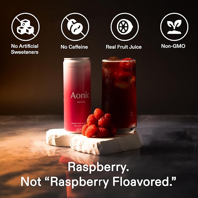 Aonic Revive Sparkling Raspberry ??Functional Hydration Drink, Magnesium + Potassium Electrolytes, Delicious Taste, Real Fruit Juice, 12oz (12 Pack)