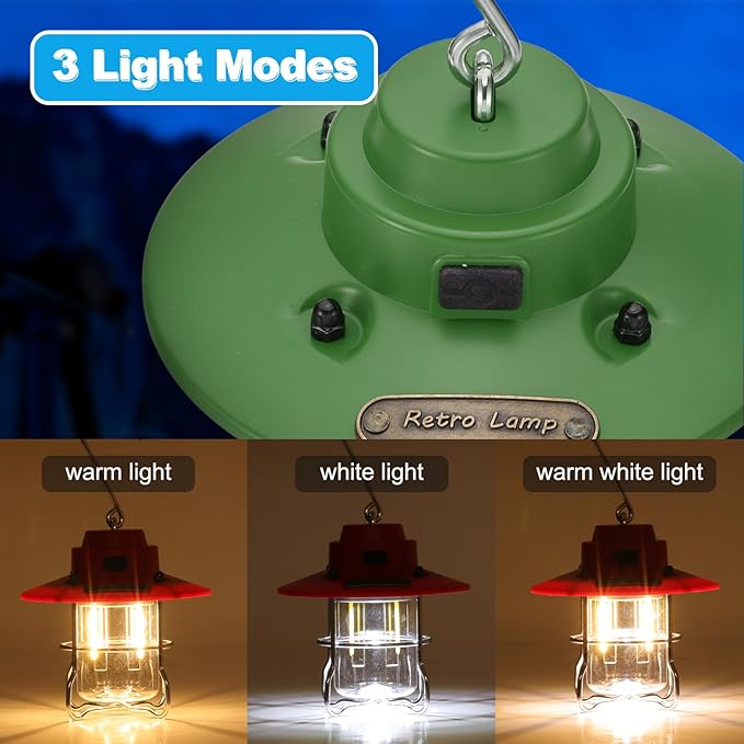 PATIKIL LED Camping Lantern, 2 Pack Vintage Rechargeable Lantern 3 Light Modes Portable Hanging Outdoor Tent Light for Camping, Hiking, Fishing, Green 3.66 Inch