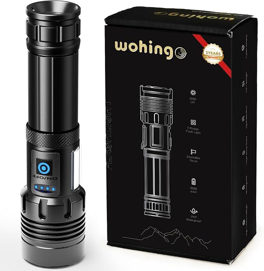 Flashlight Rechargeable 2000 High Lumens IPX6 Waterproof Super Bright Flashlight with 7 Modes & COB Side Light, Zoomable Brightest Flash Light for Camping Home Emergency