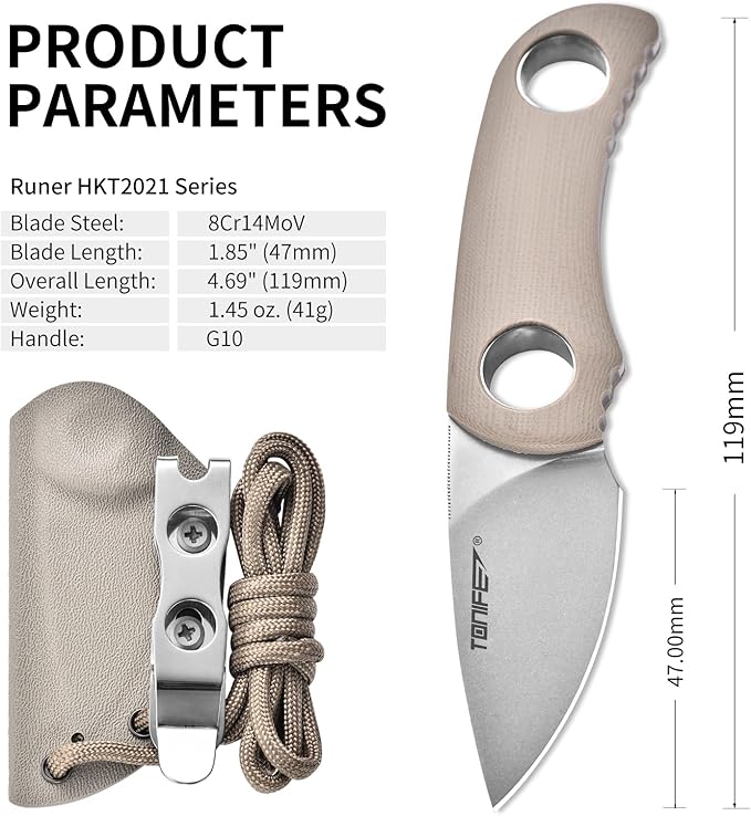 TONIFE Fixed Blade Knife 4.8cm, Mini Neck Knife with Kydex Sheath and Cord, EDC Portable Fixed Knife for Outdoor Survival