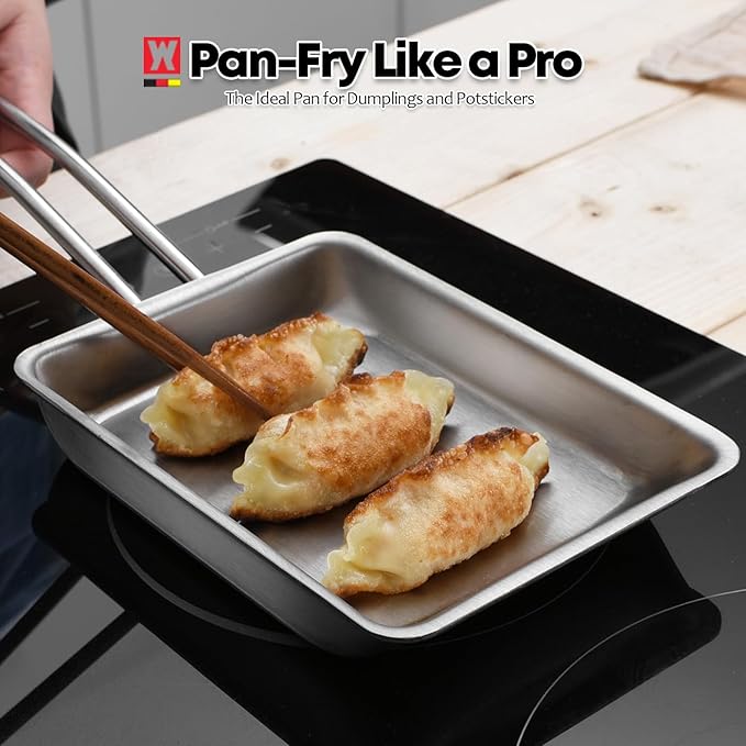 Stainless Steel Fry Pan, 3-Ply Reinforced Body, Rectangular Omelet Pan, Oven & Dishwasher Safe, Induction Compatible, Portable Camping Cookware, Mini or Small Size (14.2Lx5.5WX1.2H inch)